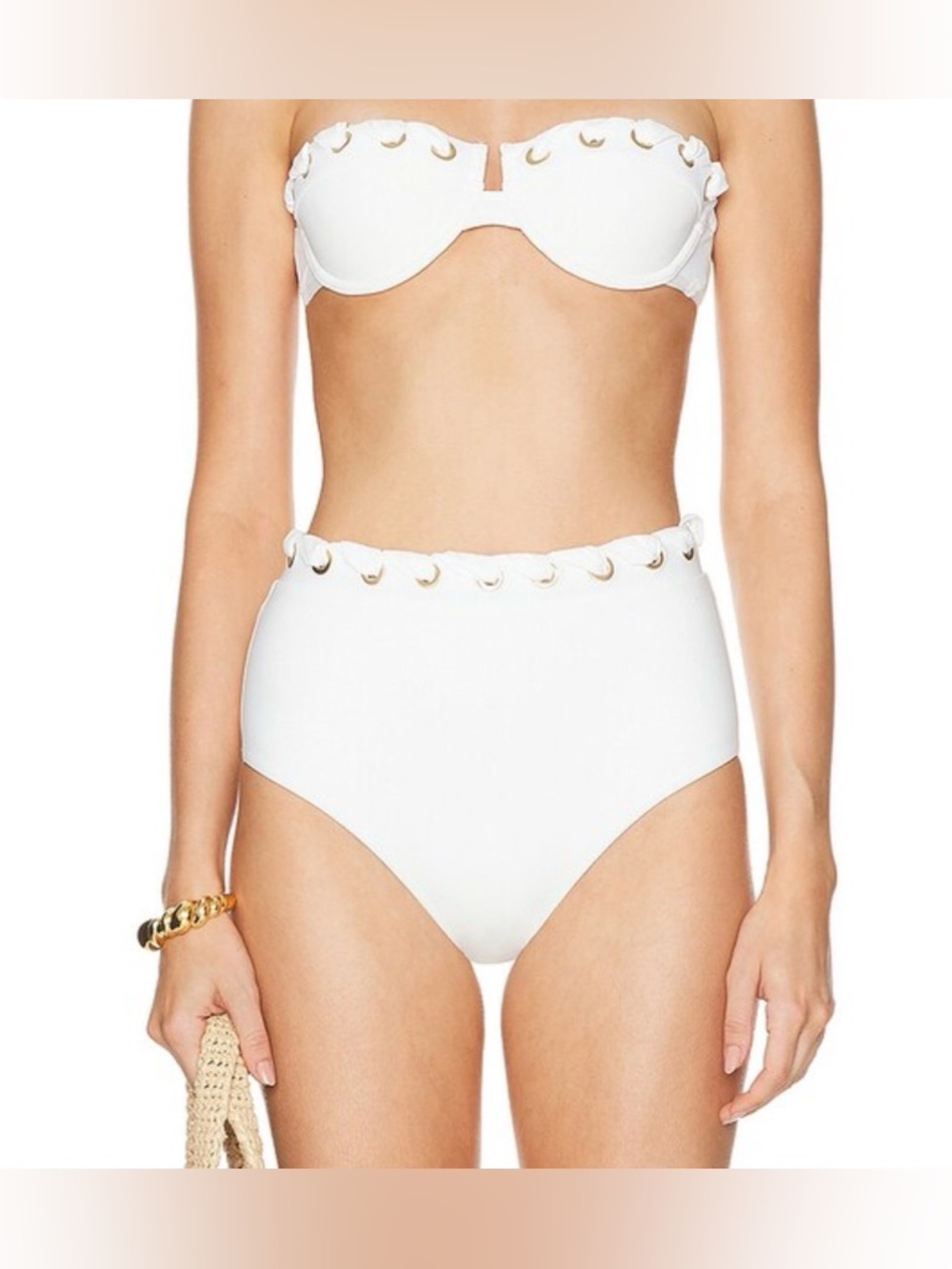 Zimmermann White High-Waist Bikini Bottom with Gold Accent